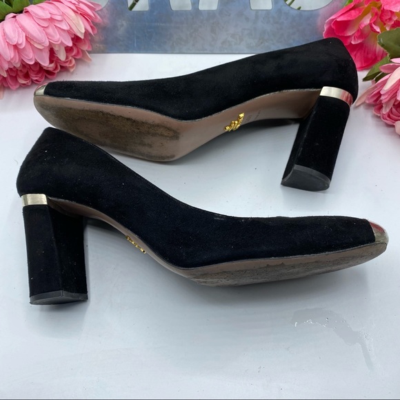 Prada Sz 10 1/2 Black Suede Captoe Silver Logo on Heel - Picture 6 of 10